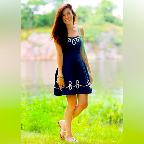 LILLY PULITZER Strapless Navy A-Line Dress with White Trim - Picture 3 of 13
